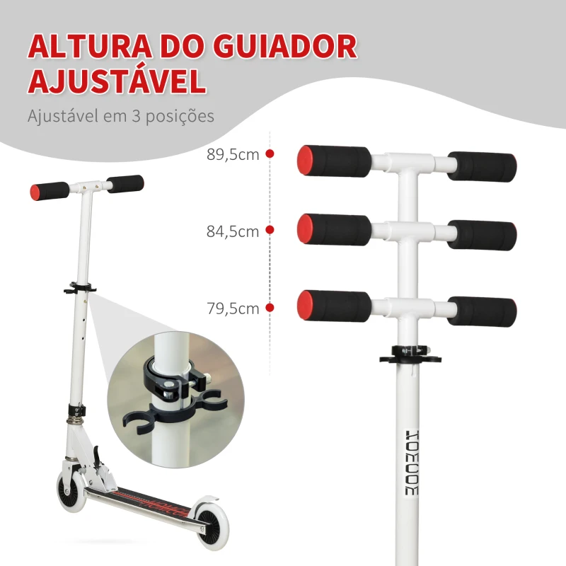 HOMCOM Trotinete para Crianças acima de 3 Anos Dobrável Scooter de 2 Rodas com Guiador Altura Ajustável Freio Posterior e Pedal Antiderrapante Carga 50kg 67,7x34x79,5-89,5cm Branco
