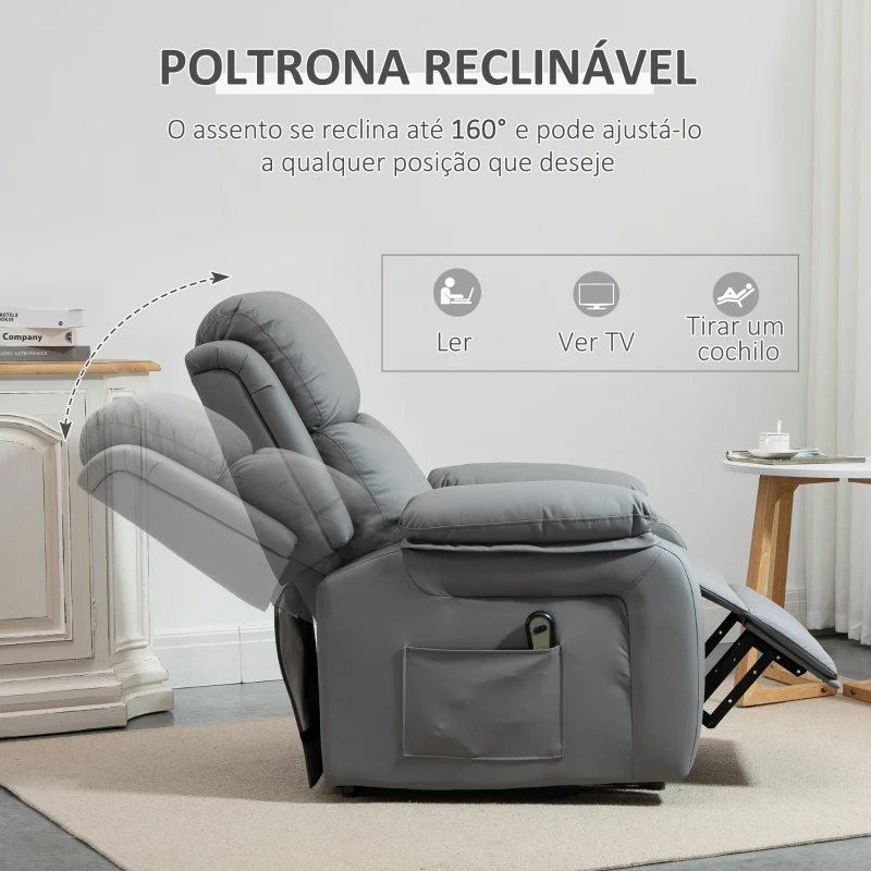 HOMCOM Poltrona Relax Levanta Pessoas com Controle Remoto Reclinação Elétrica de 160° Apoio para os Pés Encosto Estofado em PU e Bolsos Laterais 76x90x105cm Cinza
