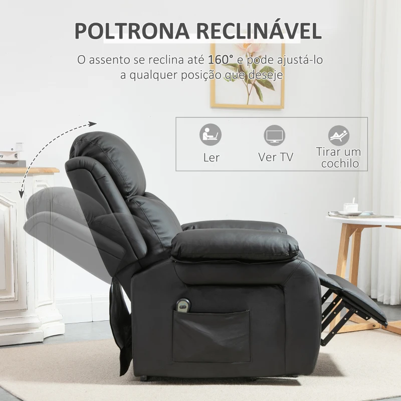 HOMCOM Poltrona Relax Levanta Pessoas com Controle Remoto Reclinação Elétrica de 160° Apoio para os Pés Encosto Estofado em PU e Bolsos Laterais 76x90x105cm Preto