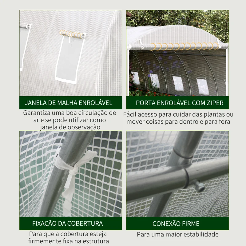 Outsunny Estufa de Túnel 600x300x200cm com Porta Enrolável 12 Janelas Cobertura de PE 140g/m² e Metal Galvanizado para Cultivos de Plantas Verduras Branco