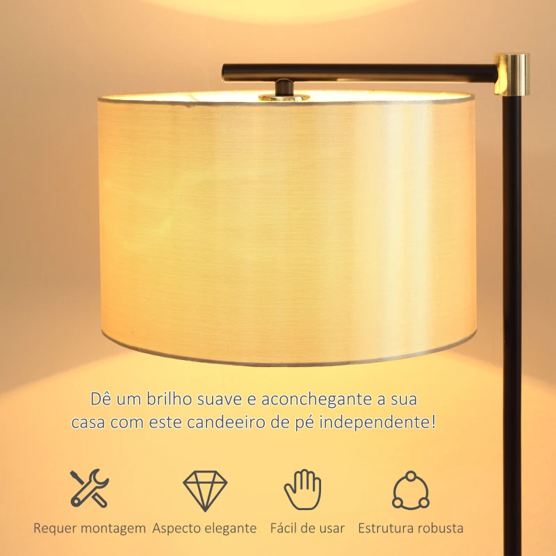 HOMCOM Candeeiro de Pé com Ecrã Suspenso de Tecido Suporte para Lâmpada E27 Máx 40W Base de Madeira e Interruptor de Pé para Sala de Estar Dormitório 48x32x152cm Dourado