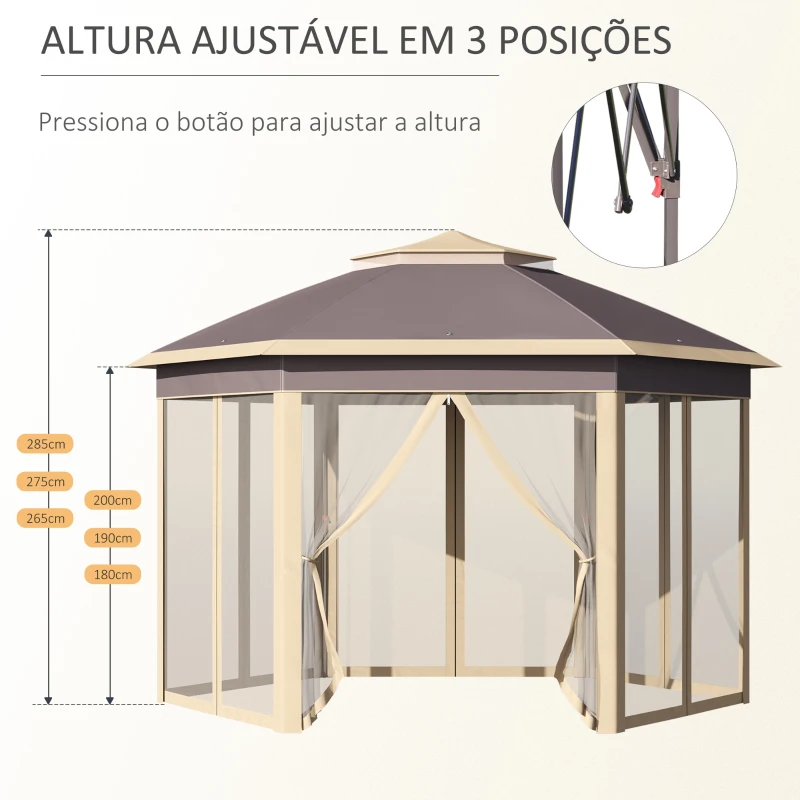 Outsunny Tenda Dobrável Exterior 4,05x3,4x2,85m com Altura Ajustável Pérgola de Jardim Hexagonal com Teto Duplo Mosquiteiras Removíveis e Bolsa de Transporte para Festas Bege