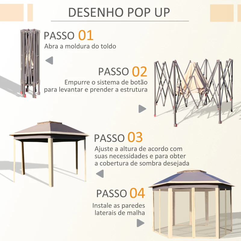 Outsunny Tenda Dobrável Exterior 4,05x3,4x2,85m com Altura Ajustável Pérgola de Jardim Hexagonal com Teto Duplo Mosquiteiras Removíveis e Bolsa de Transporte para Festas Bege