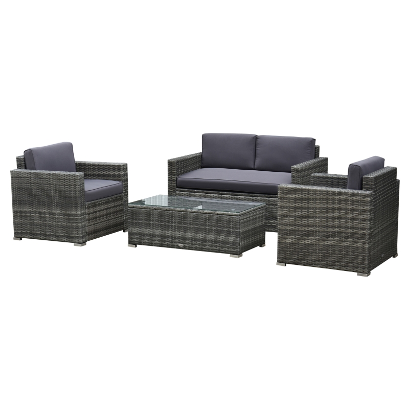 Outsunny Set da Giardino 4 Pezzi in Rattan PE e Acciaio, con Divano, 2 Poltrone e Tavolino da Caffè, Grigio