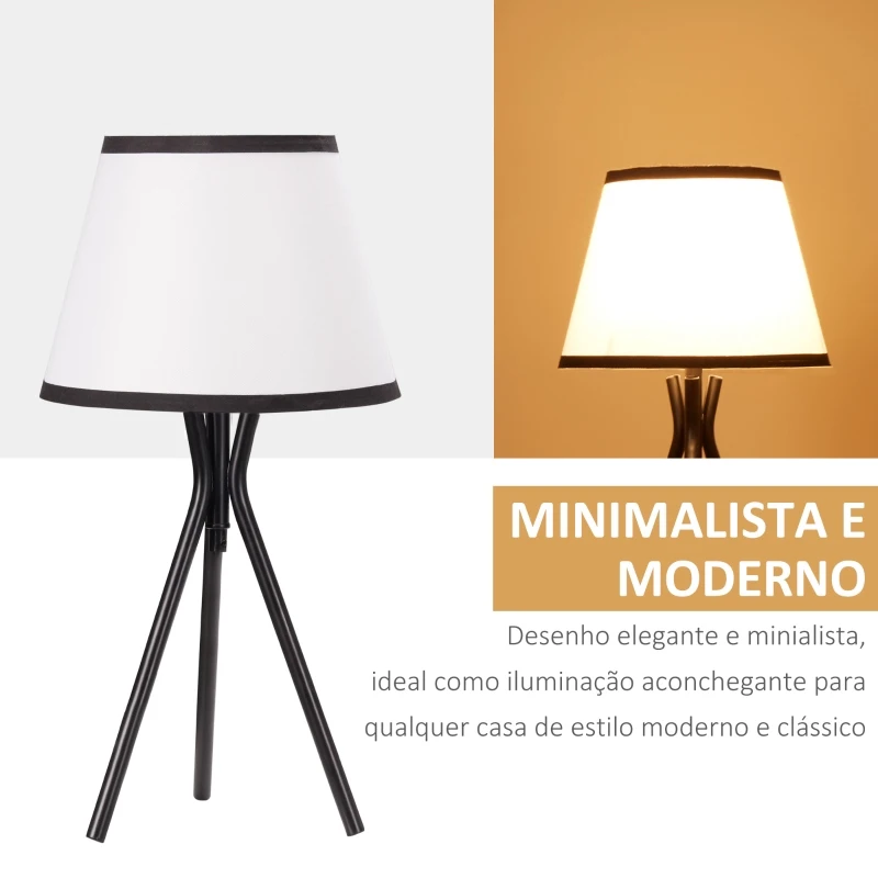 HOMCOM Candeeiro de Mesa com Tripé de Metal Candeeiro de Escritório com Ecrã de Tecido e Suporte para Lâmpada E27 Máx. 40W Estilo Moderno para Dormitórios Sala de Estar Ø25x50cm Branco e Preto