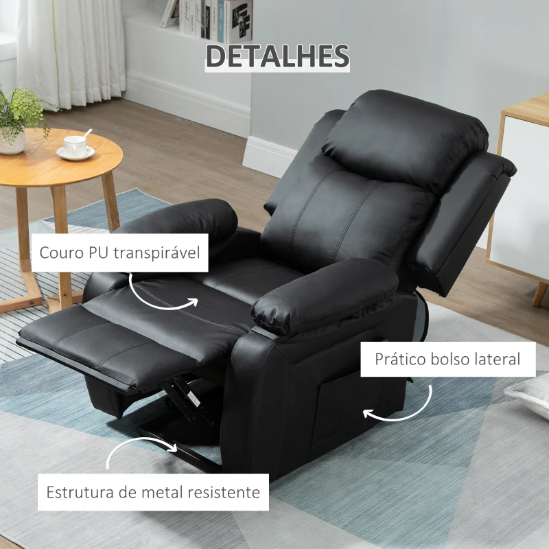 HOMCOM Poltrona Relax Levanta Pessoas com Controle Remoto Reclinação Elétrica de 160° Apoio para os Pés Encosto Estofado em PU e Bolsos Laterais 76x90x105cm Preto