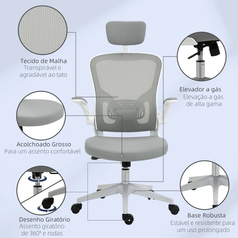 Vinsetto Cadeira de Escritório de Malha Ergonómica Cadeira de Escritório com Altura Ajustável Apoio para os Braços Dobrável Apoio para a Cabeça e Suporte Lombar Ajustáveis 65x64x114-122cm Cinza
