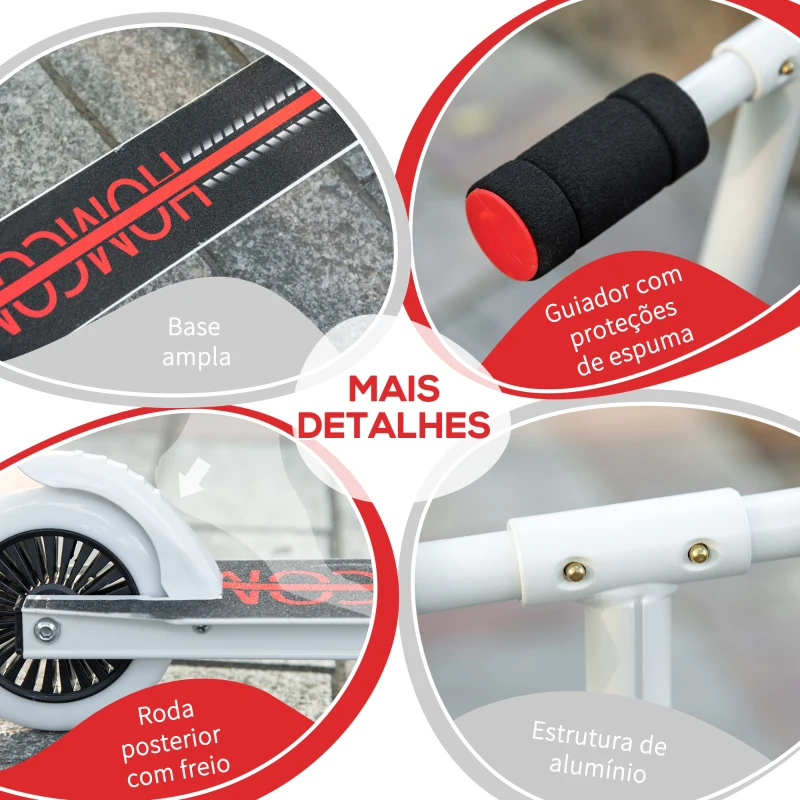 HOMCOM Trotinete para Crianças acima de 3 Anos Dobrável Scooter de 2 Rodas com Guiador Altura Ajustável Freio Posterior e Pedal Antiderrapante Carga 50kg 67,7x34x79,5-89,5cm Branco