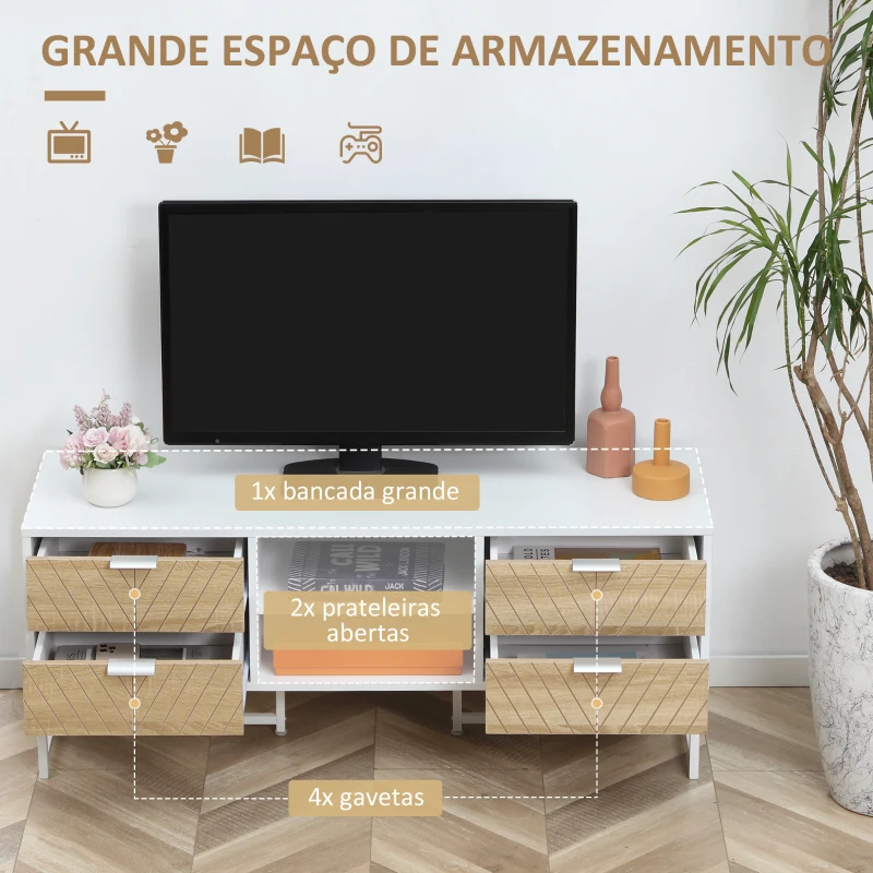 HOMCOM Móvel de TV de até 47 Polegadas Móvel de Sala de Estar Moderno com 4 Gavetas 2 Prateleiras Abertas e Orifício Passa Cabos 120x39x48cm Branco e Carvalho