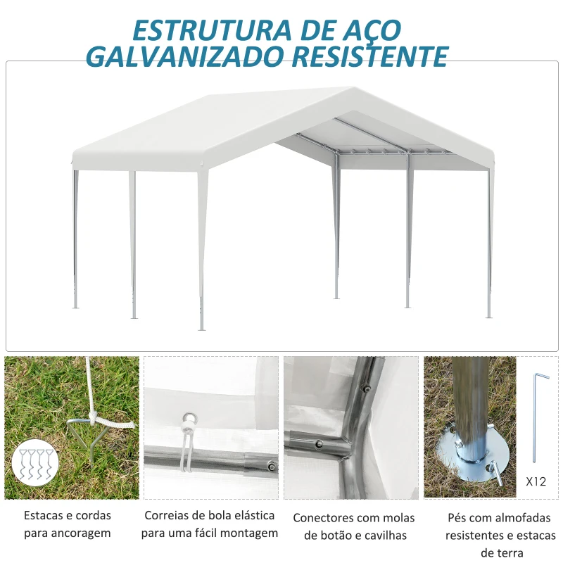 Outsunny Tenda de Garagem para Carros 4x4m Portátil Impermeável Tenda de Jardim Pátio Exterior com Acessórios para Eventos Festas Metal Galvanizado Branco