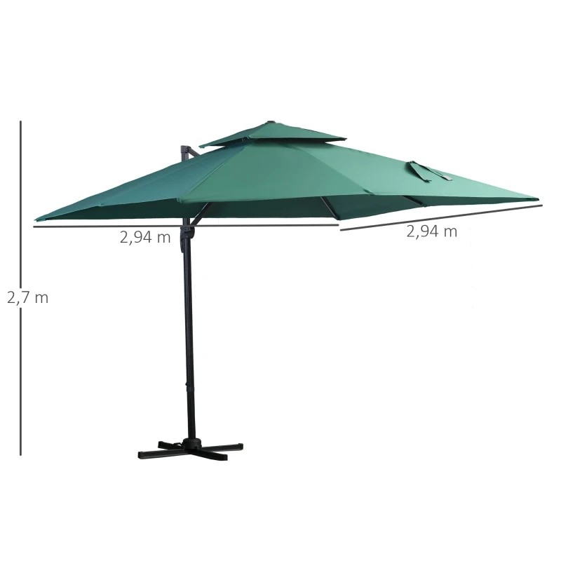Outsunny Sombrilla de Jardín 300x300 cm Parasol de Aluminio con Manivela Poste Giratorio 360° Doble Techo Inclinable en 6 Posiciones y Base Cruzada Incluida Verde