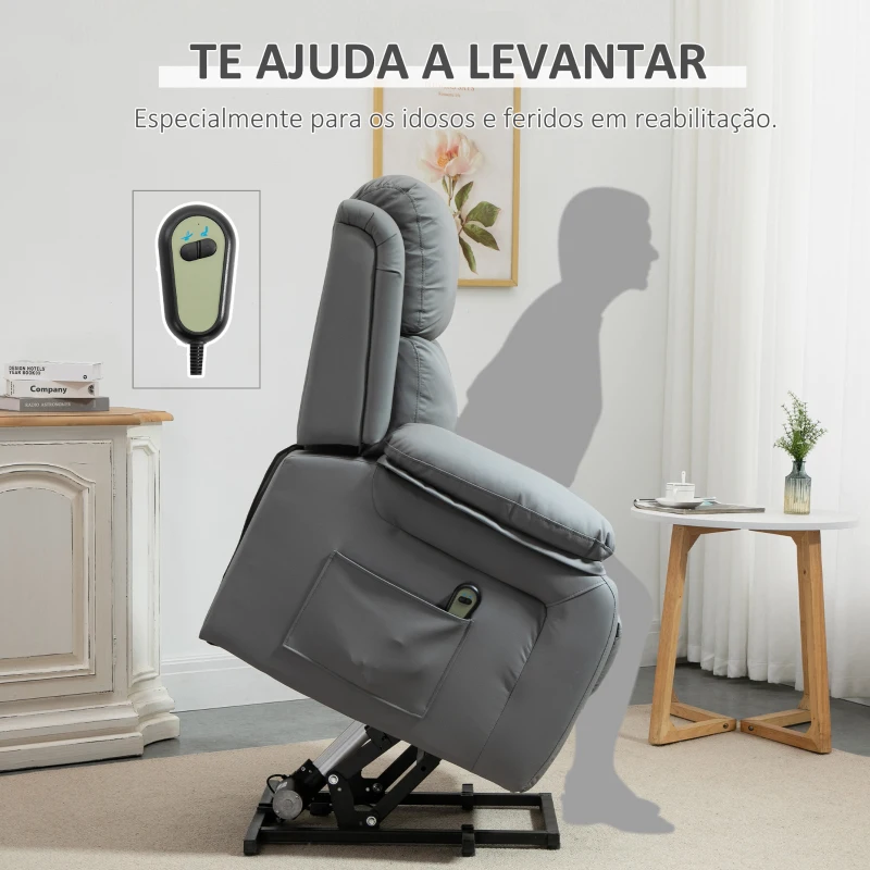 HOMCOM Poltrona Relax Levanta Pessoas com Controle Remoto Reclinação Elétrica de 160° Apoio para os Pés Encosto Estofado em PU e Bolsos Laterais 76x90x105cm Cinza
