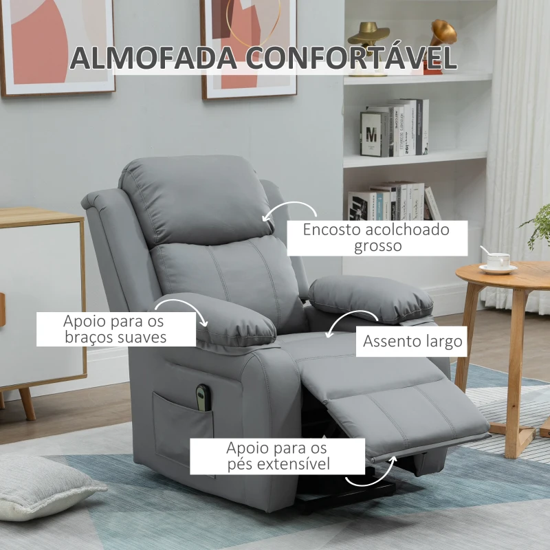 HOMCOM Poltrona Relax Levanta Pessoas com Controle Remoto Reclinação Elétrica de 160° Apoio para os Pés Encosto Estofado em PU e Bolsos Laterais 76x90x105cm Cinza