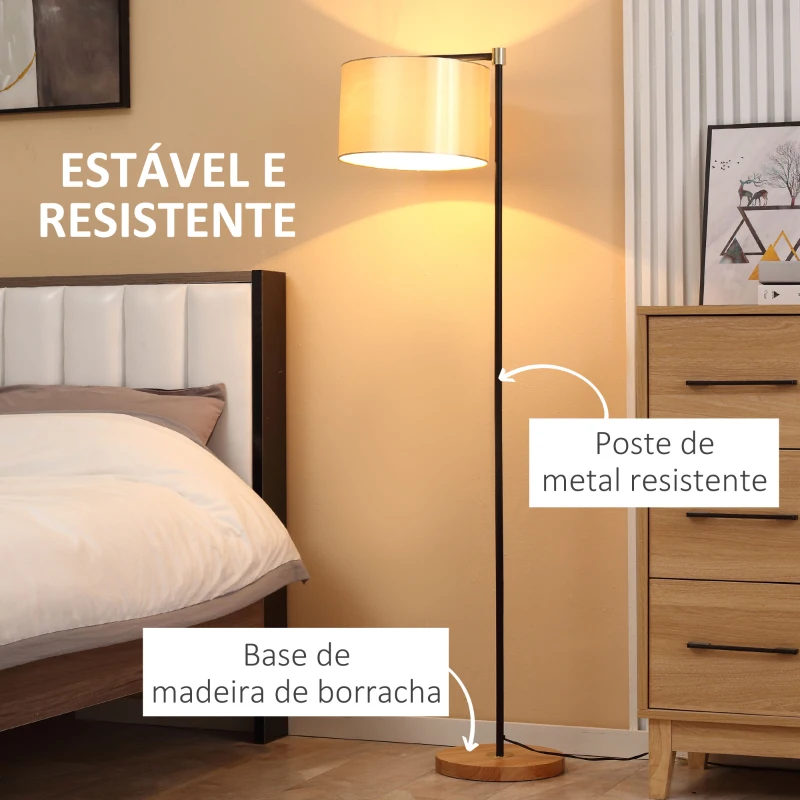 HOMCOM Candeeiro de Pé com Ecrã Suspenso de Tecido Suporte para Lâmpada E27 Máx 40W Base de Madeira e Interruptor de Pé para Sala de Estar Dormitório 48x32x152cm Dourado