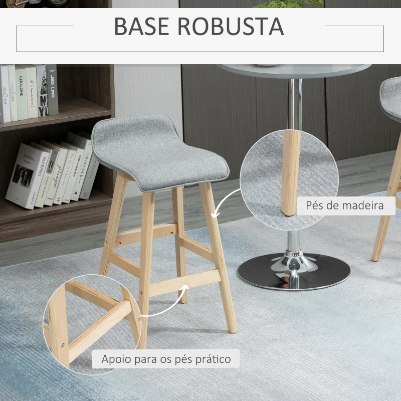 HOMCOM Conjunto de 2 Bancos de Bar com Assento 64cm de Altura Estofada em Linho Sintético Bancos Altos de Cozinha com Pés de Madeira 40x41,5x75,5cm Cinza e Natural