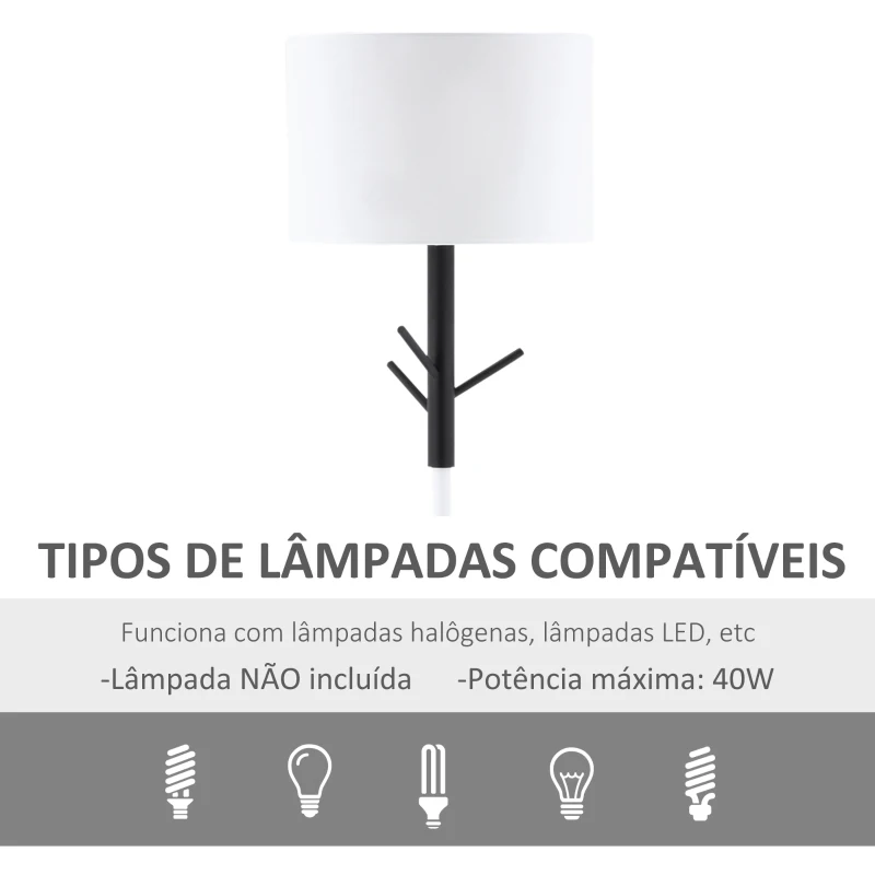 HOMCOM Candeeiro de Pé com Ganchos para Bolsa Chapéus Ecrã de PE Suporte para Lâmpada E27 Máx. 40W e Interruptor de Pé Moderno para Sala de Estar Dormitório Ø38x158cm Branco e Preto