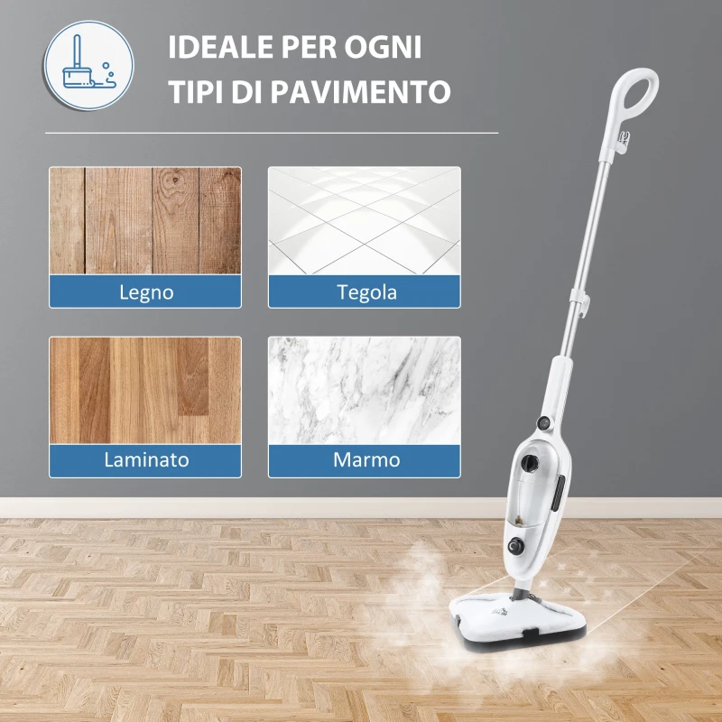 HOMCOM Scopa a Vapore Elettrica con 11 Accessori, Serbatoio 450 ml, 1330 W - Bianca