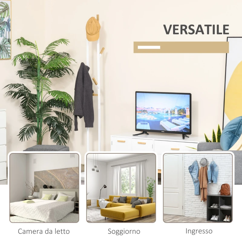 HOMCOM Appendiabiti da Terra Salvaspazio con 8 Braccia e Base Rettangolare in Metallo e Bambù, 34x30x183cm Bianco