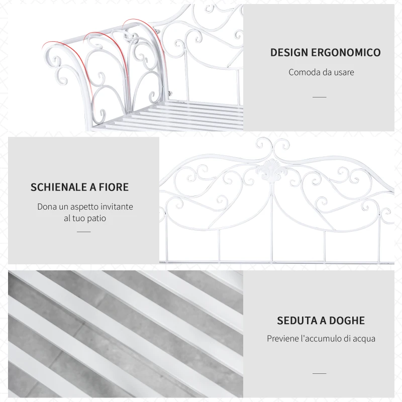 Outsunny Panchina in Metallo da Giardino, Panca da Giardino 2 Posti, 134x51x89cm - Bianco