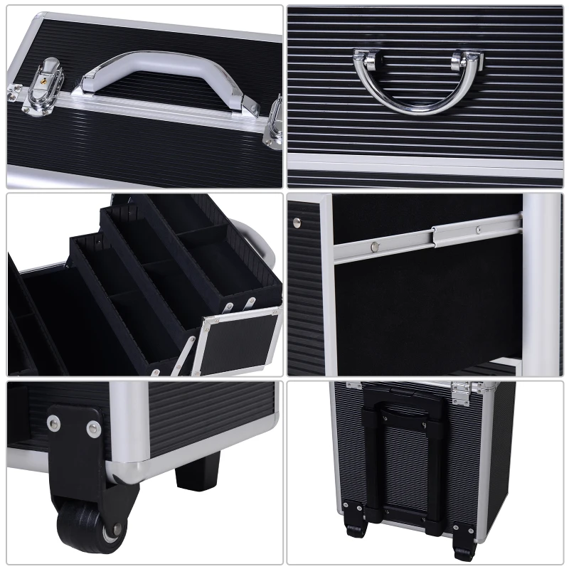 HOMCOM Valise trolley maquillage mallette cosmétique vanity poignée télescopique réglable 36L x 23l x 58H cm alu noir