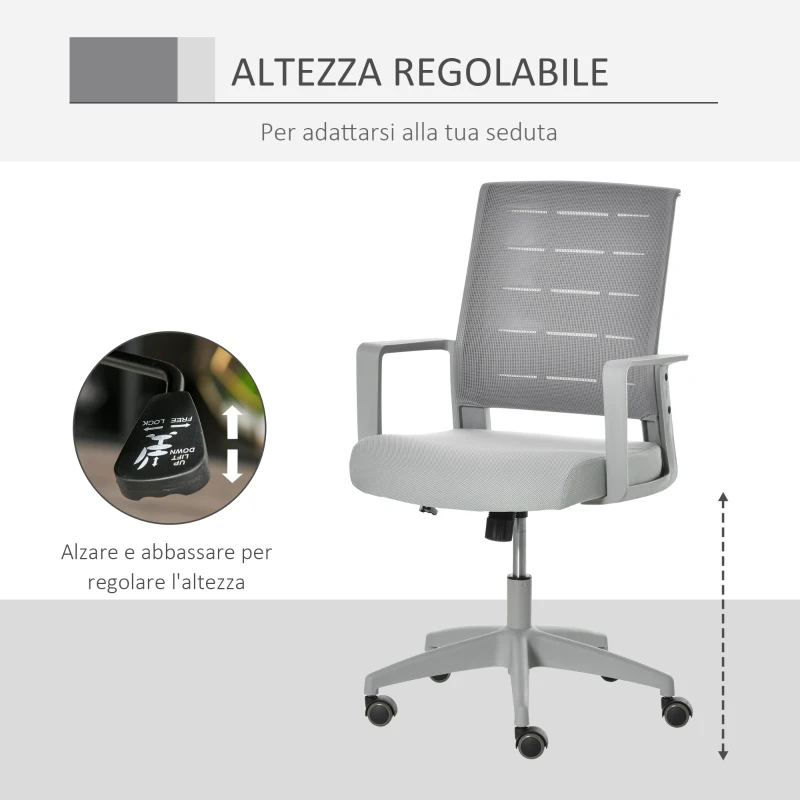 Vinsetto Sedia da Ufficio Ergonomica Girevole con Altezza Regolabile, Ruote e Braccioli, 59x61x95.5-105cm Grigio