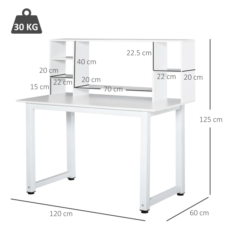 HOMCOM Scrivania Ufficio e Casa per Computer con Scaffale e Ampio Piano di Lavoro, Struttura Legno e Metallo 120x60x125cm, Bianco