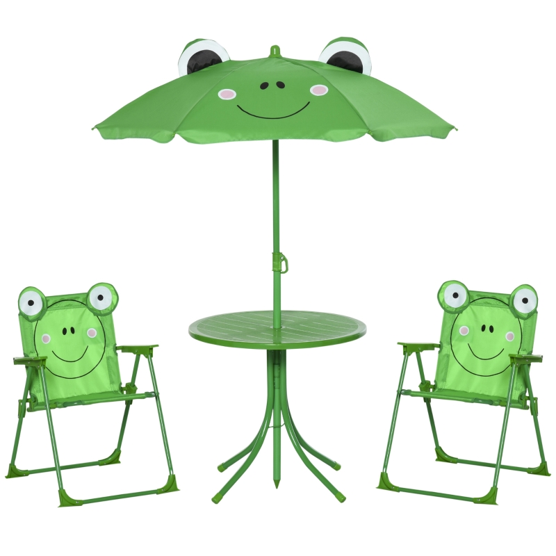 Outsunny Set Tavolo da Giardino con 2 Sedie Pieghevoli e Ombrellone per Bambini Rana