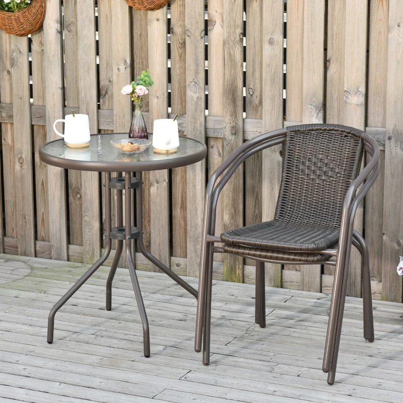 Outsunny Set Tavolo Pieghevole e 2 Sedie da Giardino in Acciaio e Rattan PE, Arredamento da Esterno da 3 Pezzi Marrone