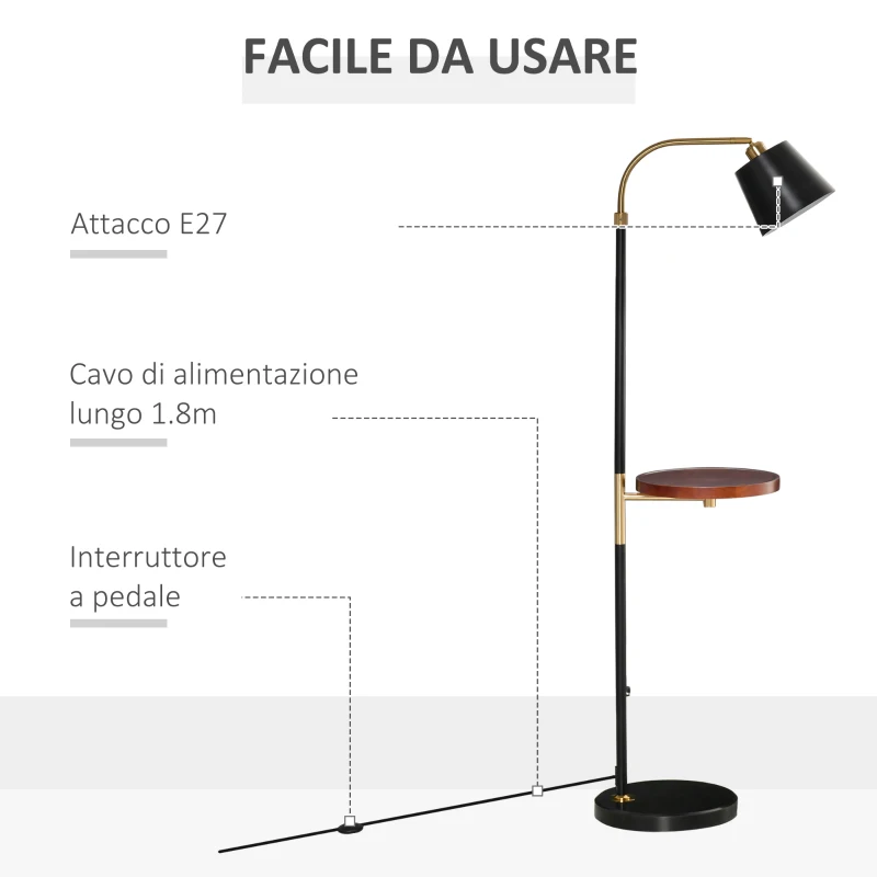 HOMCOM Lampada da Terra con Ripiano Ф29.5cm per Lampadine E27 da 40W, in Metallo - Nero e Oro