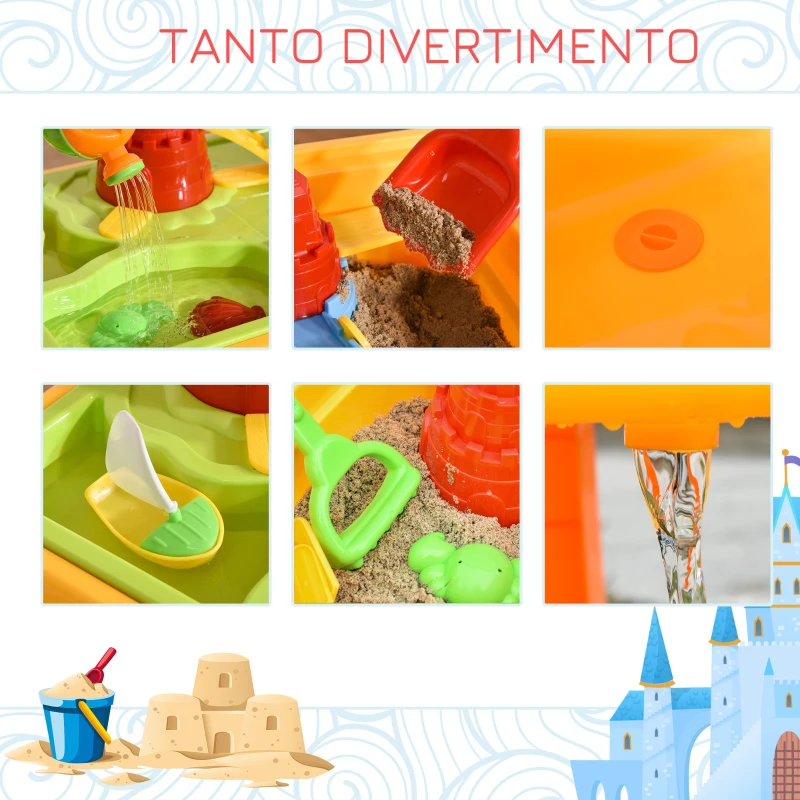 HOMCOM Sabbiera per Bambini Tavolo da Gioco Sensoriale con 2 Vani Separati per Acqua e Sabbia, 23 Pezzi, 59x42x37cm
