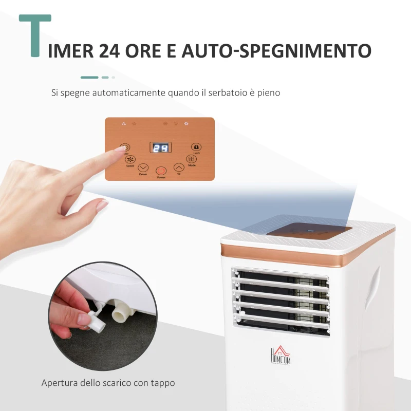 HOMCOM Condizionatore Portatile Deumidificatore con Telecomando, Timer 24h e 2 Velocità, 1010W Classe Energetica A, 9000BTU, 35.5x34x70cm Bianco