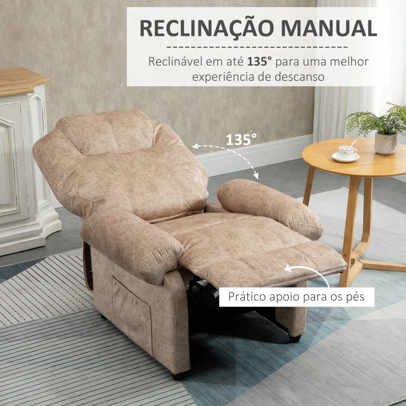 HOMCOM Poltrona Relax Reclinável com Apoio para os Pés Retrátil Encosto Alto Bolso Lateral Acolchoado Grosso 88x91x108 cm Bege