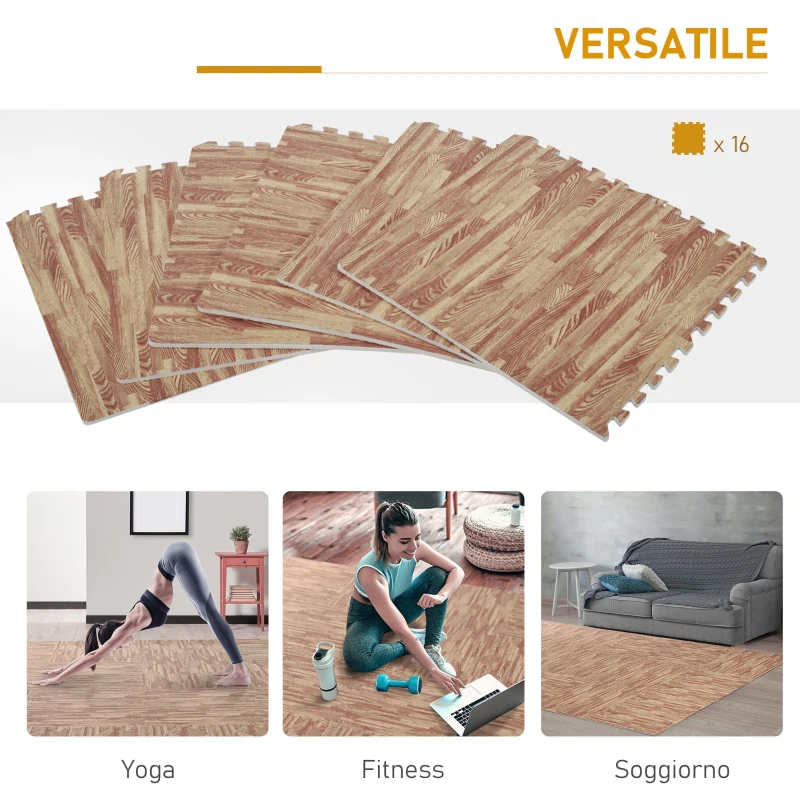 Homcom Tappeto Puzzle Antiscivolo Effetto Legno in EVA Set da 16 Pezzi da 60x60cm, Tappeto Fitness e Gioco