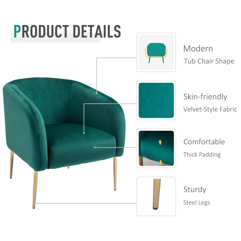 HOMCOM Poltrona da Cocktail in Velluto, Arredamento Moderno per Soggiorno, Camera e Ufficio, 75x74x76cm, Verde