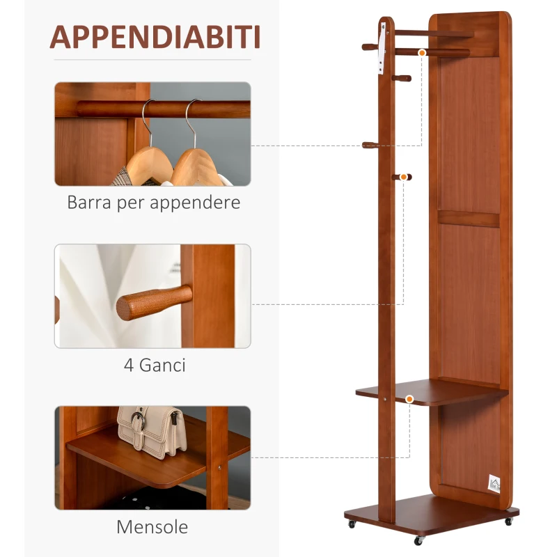 HOMCOM Specchio da Terra con Appendiabiti, Mensole e Ruote, Sistema Antiribaltamento, MDF e Legno, 40x44.5x170cm, Noce
