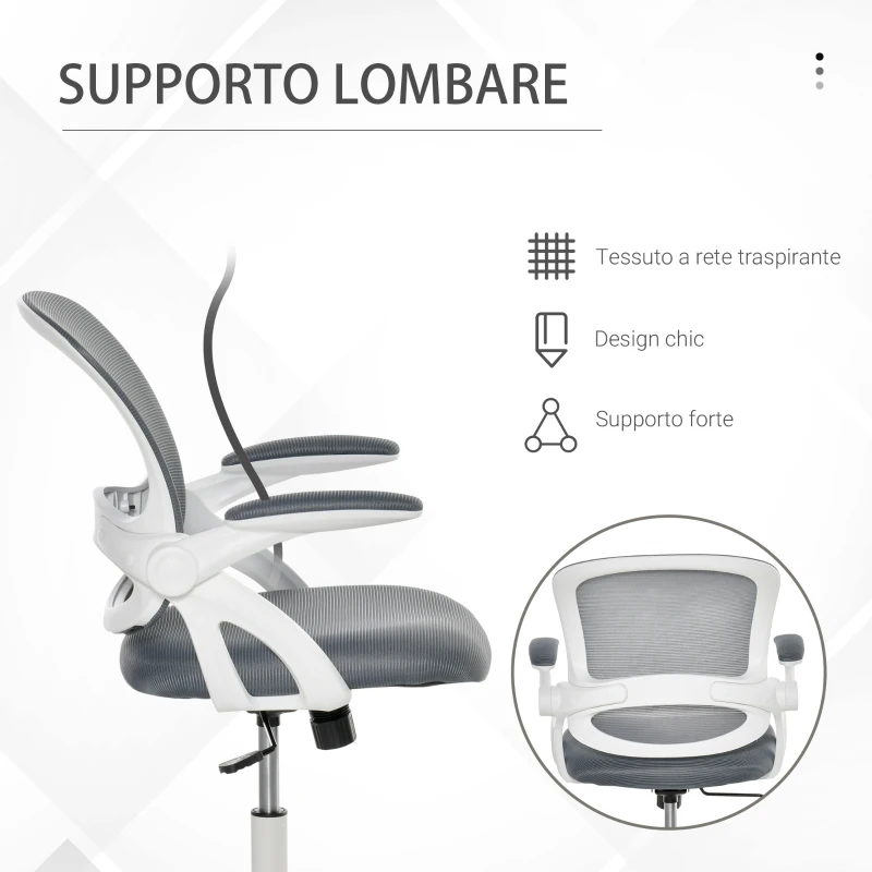 Vinsetto Sedia da Ufficio Ergonomica con Schienale a Rete e Seduta Imbottita, Altezza Regolabile, 65.5x61.5x88-97.5cm, Grigio