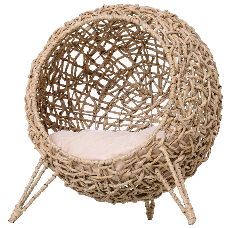 PawHut Letto per Gatti in Vimini Marrone Chiaro con Cuscino Φ52x58cm