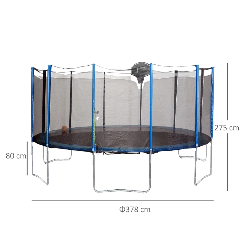 HOMCOM Trampolino Elastico con Canestro Basket | Rete di Sicurezza Pali Imbottiti | Adulti e Bambini | Fino 150 kg Φ378cm