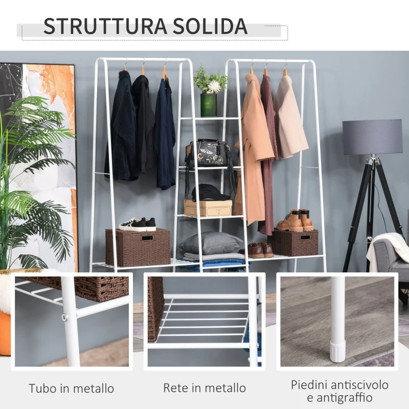 HOMCOM Stand Appendi Abiti con Scaffale a 4 Ripiani, Tubolare in Metallo 176x47x177cm Bianco