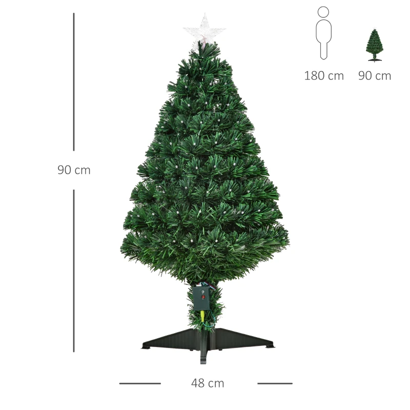 HOMCOM Sapin de Noël Artificiel Lumineux 90 lumières LED Fibres optiques Lumineux Multicolores 90 Branches PVC étoile Sommet Brillante Ø 48 x 90 cm Vert