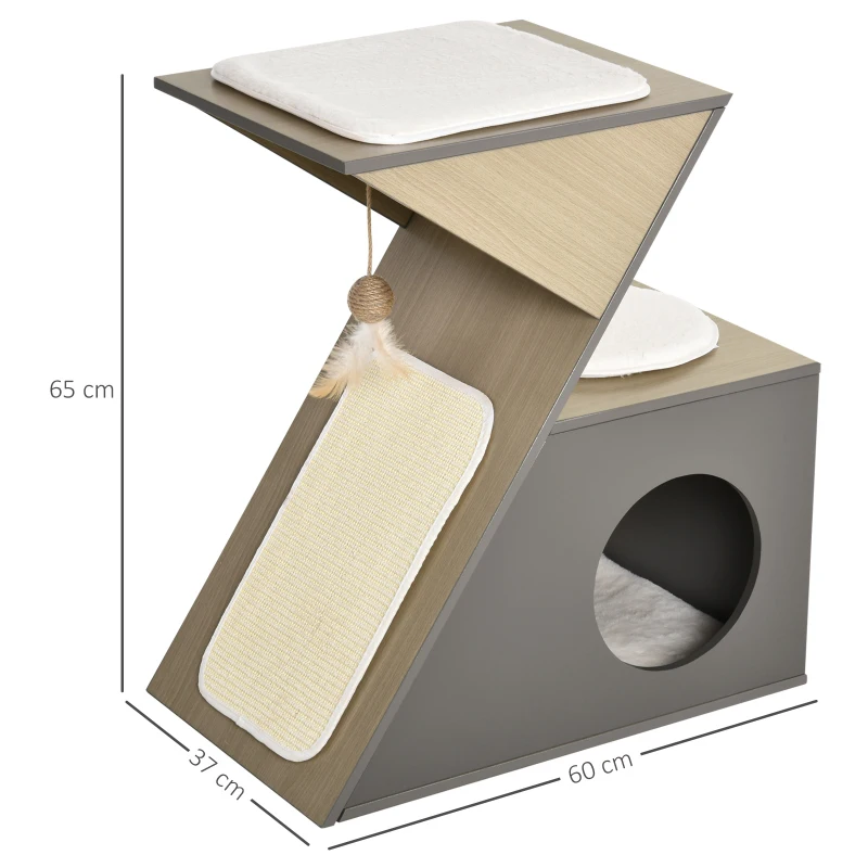 PawHut Cuccia per Gatti con Tiragraffi e Pallina in Corda Sisal, in Legno MDF, Grigia e Color Legno, 60 x 37 x 65cm