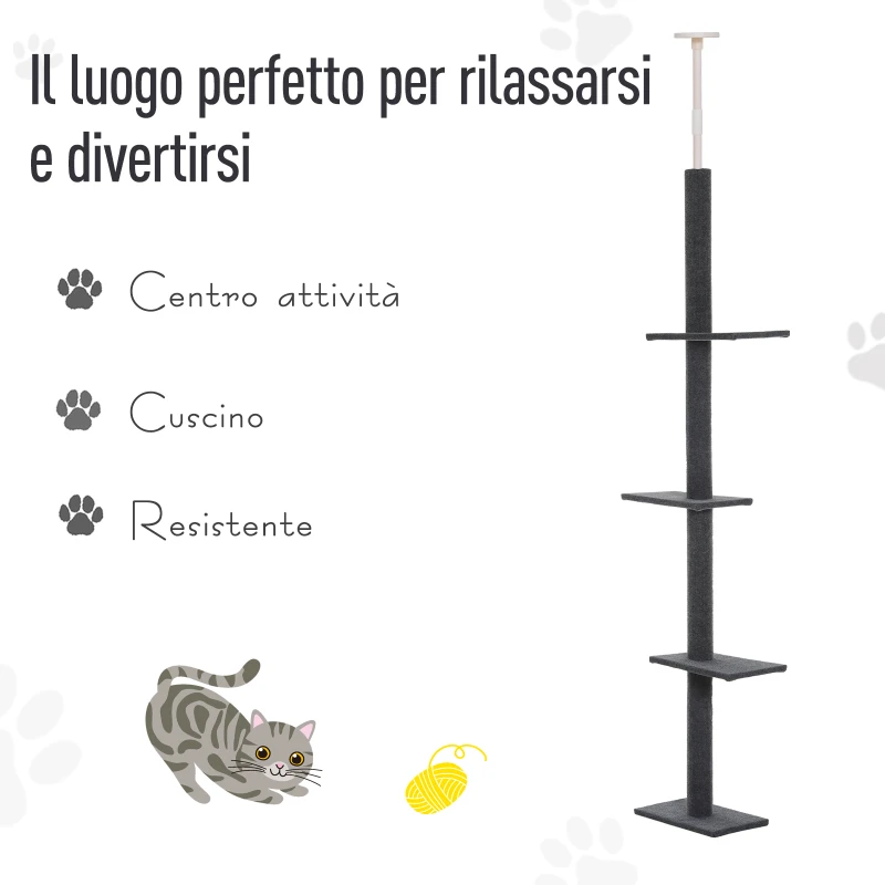 PawHut Albero Tiragraffi per Gatti a 4 Livelli, Fissaggio a Soffitto Regolabile, 43x27x228-260cm