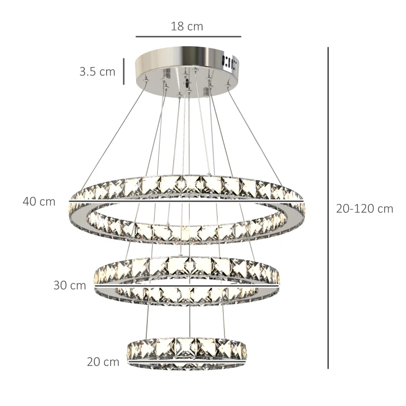 HOMCOM Lampadario Moderno LED a 3 Anelli con Cristalli e Telecomando, Altezza Regolabile, 3 Tonalità di Luce, 71W, Ф40x120cm
