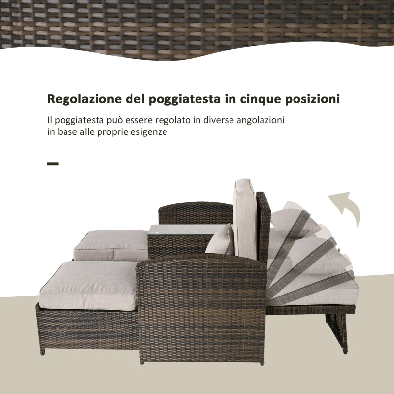 Outsunny Set 2 Sedie Sdraio da Giardino Reclinabili con Tavolino, Lettino Prendisole Imbottito in Rattan Sintetico, Marrone e Khaki, 165x75x96cm