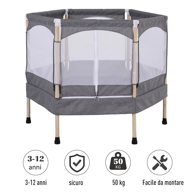 HOMCOM Trampolino Elastico Salvaspazio per Bambini 3-12 Anni (Max. 80kg) con Rete di Protezione, Grigio, 126x109x98cm