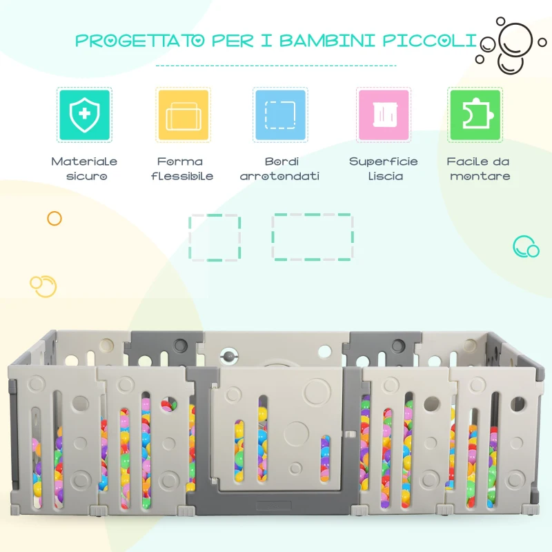 HOMCOM Recinto Box per Bambini +6Mesi da 16 Pezzi con Struttura a Incastro, Serratura e Giochi, Grigio e Bianco 190x150x64cm