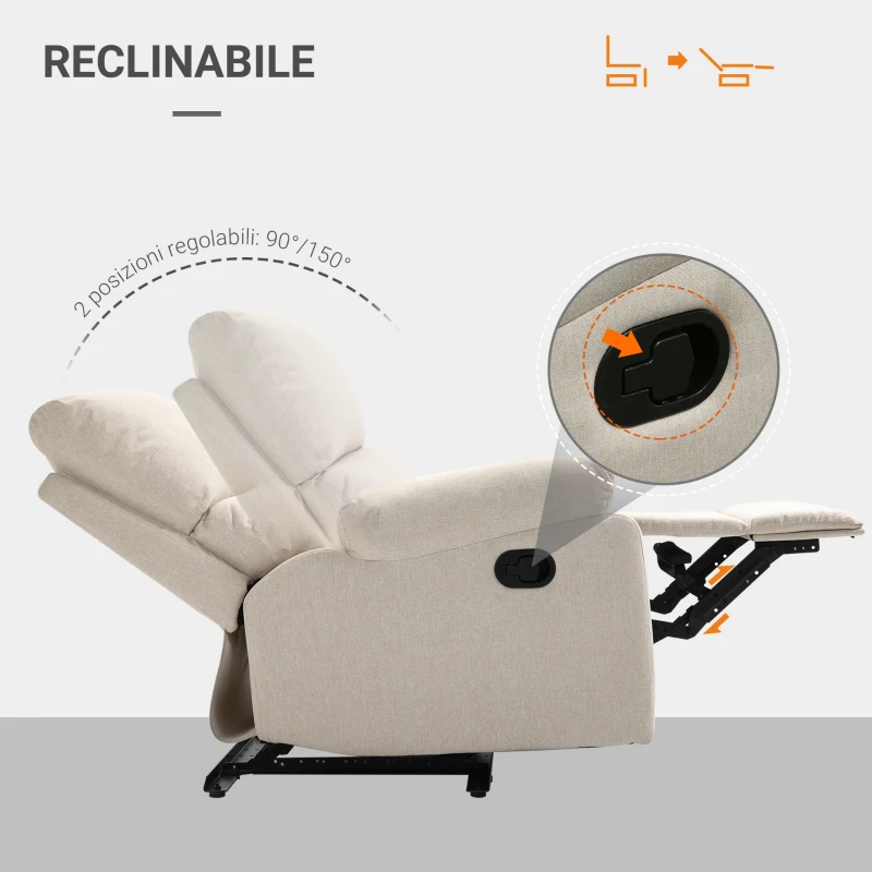 HOMCOM Poltrona Relax Moderna per Soggiorno con Schienale Reclinabile Manuale in Tessuto Beige 79x92x97cm