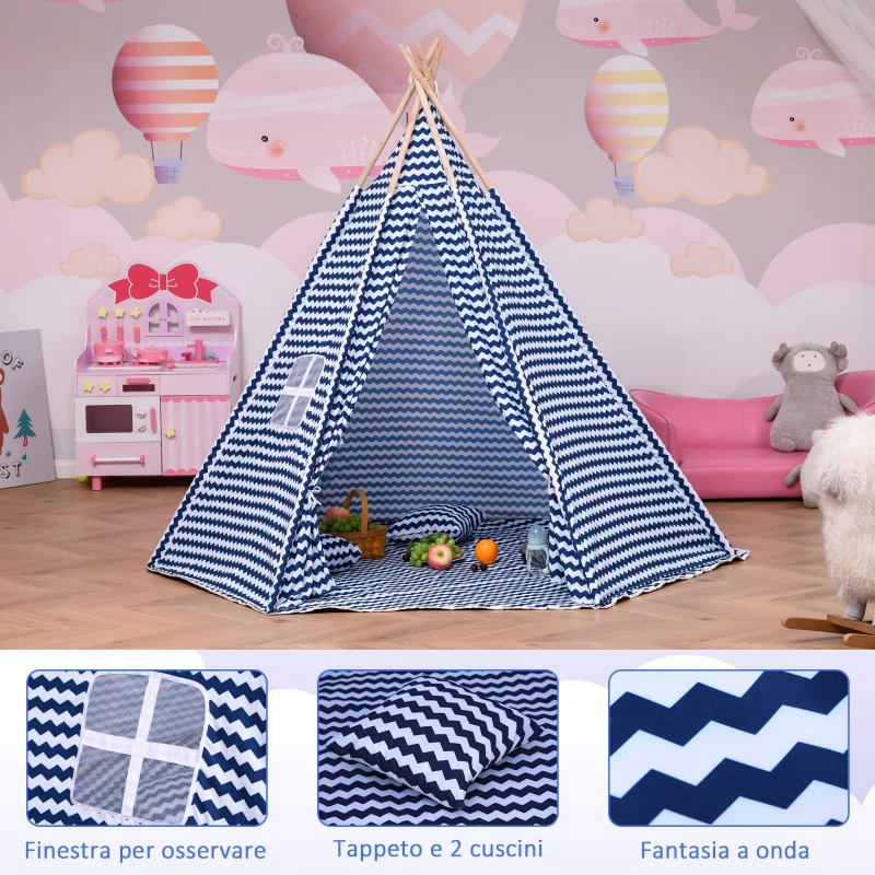 HOMCOM Tenda Indiana per Bambini con Borsa di Trasporto Tappetino e 2 Cuscini, Tenda Teepee Blu e Bianco 200x200x170cm