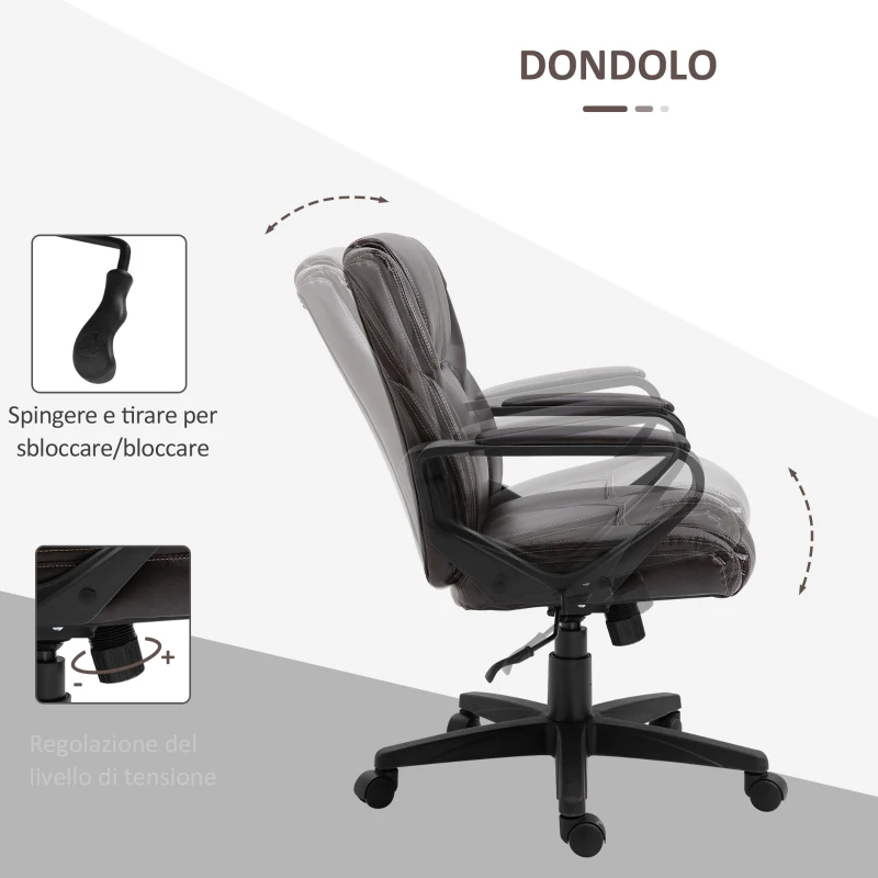 Vinsetto Sedia da Ufficio con Funzione Dondolio in Similpelle Marrone con Altezza Regolabile, Design Elegante ed Ergonomico, 62x62x90-99.5cm