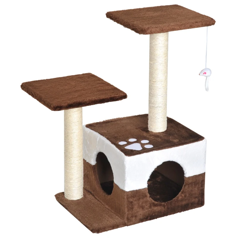 PawHut Albero Tiragraffi per Gatti con Topolino Appeso in Peluche Sisal Naturale Marrone 45x33x70cm